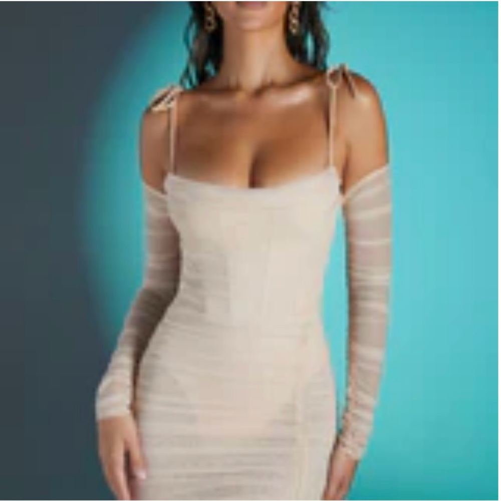 Oh Polly Tie Mesh Mini Dress - Tan